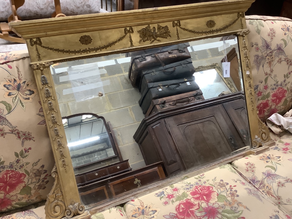 A 19th century Adam design giltwood and gesso overmantel mirror, width 118cm height 75cm